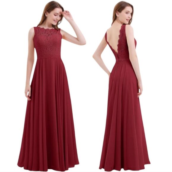 Babaroni NWT Tabitha Lace Bodice‎ Chiffon Skirt Long Dress-Burgundy Size 8 - Picture 1 of 7